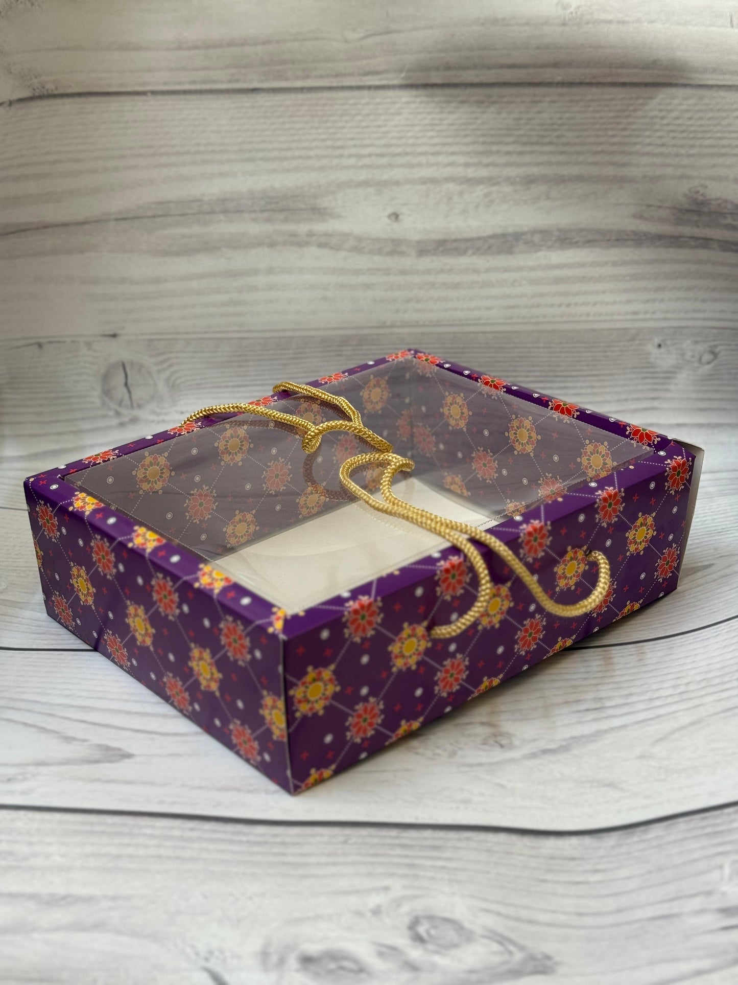 Purple Floral Premium Diwali Gift Box with Golden Rope Handle – Transparent Lid