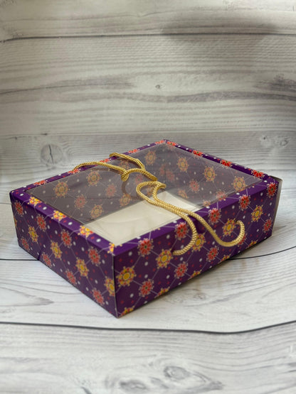 Purple Floral Premium Diwali Gift Box with Golden Rope Handle – Transparent Lid