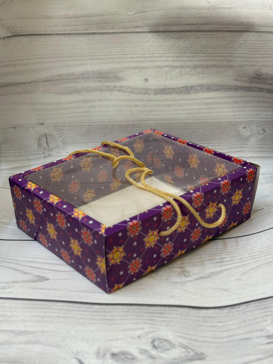 Purple Floral Premium Diwali Gift Box with Golden Rope Handle – Transparent Lid