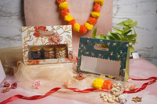 Luxury Foil Printed White 3Jars Carry Box with Handle | Fits 3 Jars (10.5 x 3.5 x 8 inches)