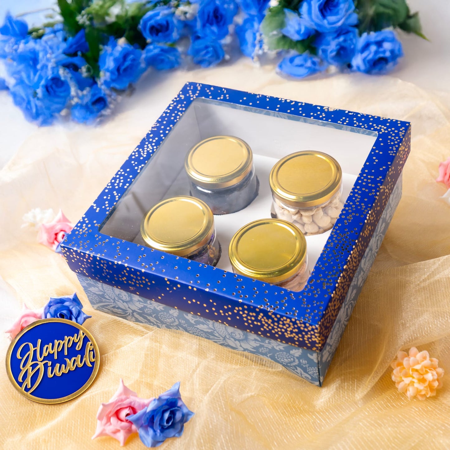 Blue Foil Printed Hamper Box With Window | Luxury 4 Cavity Gift Box for 190ml Jars or Cupcakes