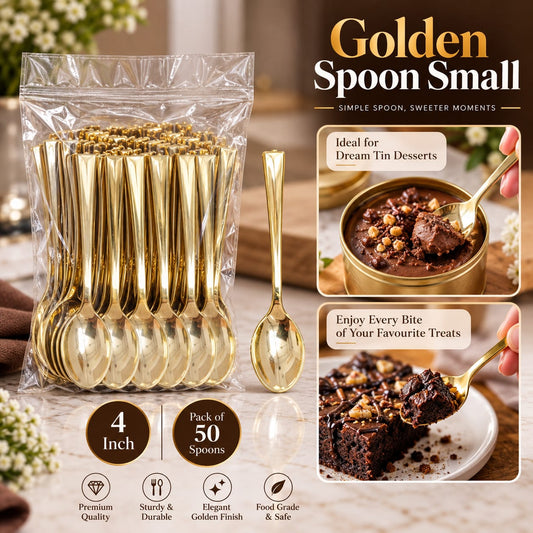 Premium Golden Plastic Dessert Spoons – 4 Inch | Pack of 50