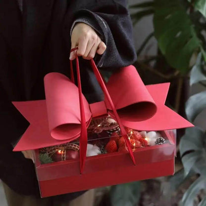 Small Red Luxury Transparent Gift Hamper Box with Bow & Ribbon Handle | Rectangle Red Bow Box 30 × 21 × 10 cm