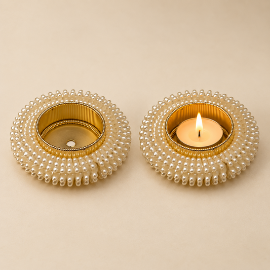 Premium Pearl T-Light / Diya Holder – Ivory & Gold
