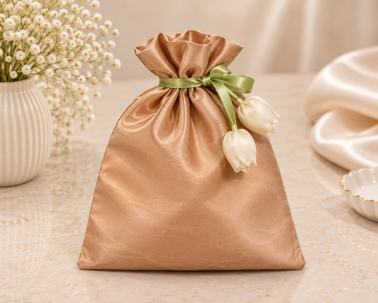 Premium Satin Tulip Potli Gift Bag – Champagne Gold | 9 × 6.5 Inches
