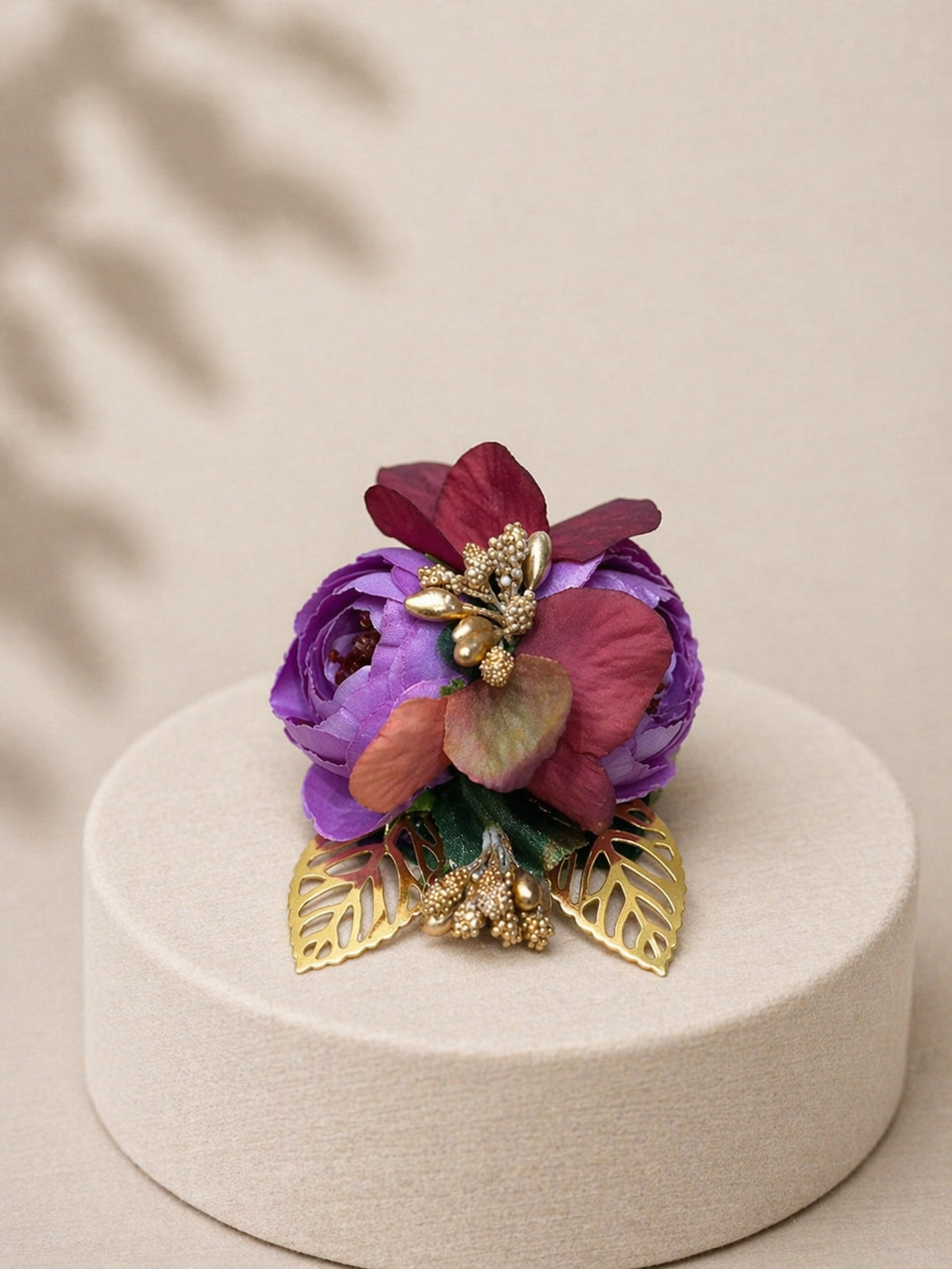 Purple Luxury Artificial Floral Corsage Brooch with Metallic Leaves & Beaded Detailing