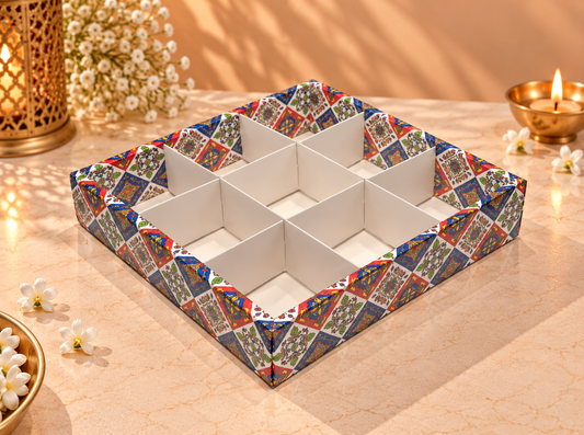 Festive Print 9 Cavity Partition Box – 9 × 9 × 2 Inches