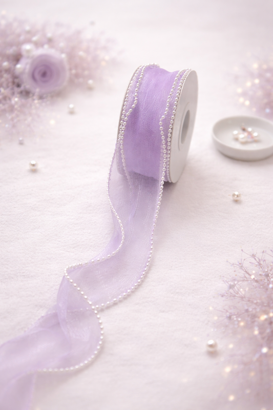 Lavender Premium Pearl Edge Organza Ribbon Roll - Luxurious organza ribbon with pearl edging