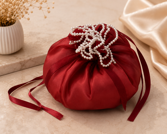 Pearl Embellished Round Maroon Potli Bag | Luxury Hamper & Gift Packaging