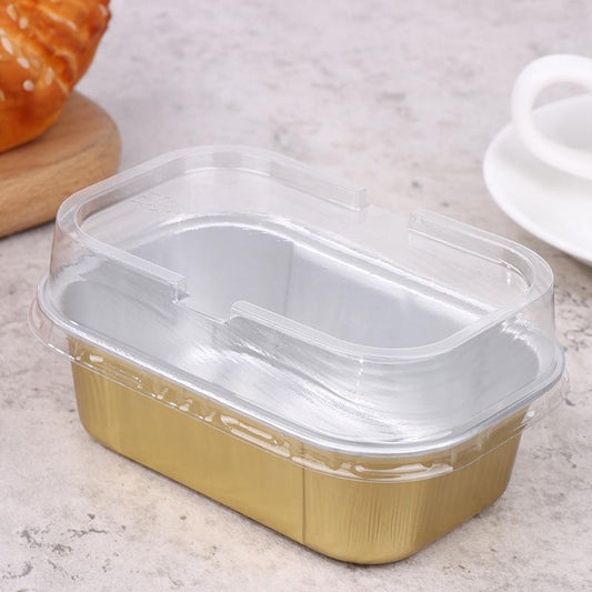 Golden Rectangle Aluminium Foil Dessert Cup with Clear Lid – 175ml Medium Bake & Serve Container