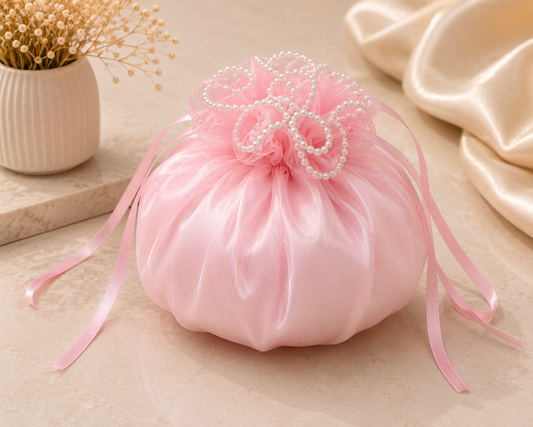 Luxury Pearl Net Potli Bag – Baby Pink | Premium Hamper & Gift Packaging