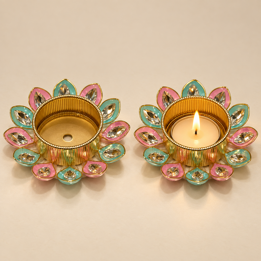 Premium Pastel Crystal Lotus T-Light / Diya Holder – Pink & Mint Green