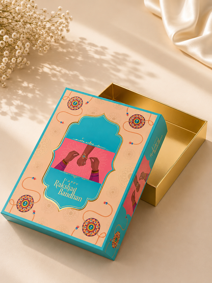 Pink & Blue Premium Foldable Raksha Bandhan Hamper Gift Box with Window Lid | 11 x 8 x 3 Inches | Luxury Sweet, Dry Fruit & Gift Packaging Box