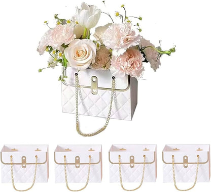 White Luxury Floral Gift Bag with Chain | Decorative Flower Box for Gifting & Events