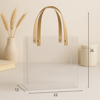 Large Transparent PVC Gift Bag with Kraft Handles – Premium Hamper Packaging | Pvc Hamper Bag 26x22x12 cmscms