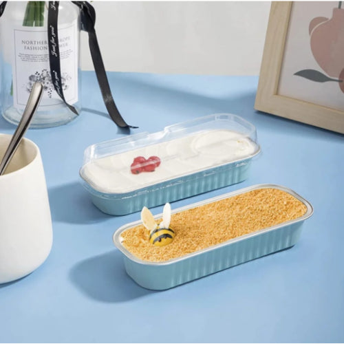 BLUE RECTANGLE FOIL BAKE&SERVE WITH LID | Long Cake Slice Containers with Clear Lids | Colorful Disposable Dessert Boxes for Pastries, Cakes, Treats