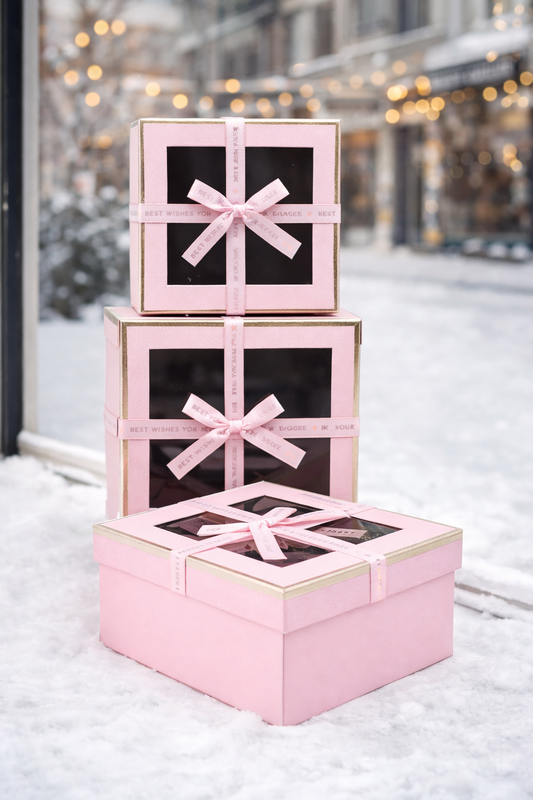 Pink Luxury Square Window Gift Boxes Set of 3 – Square Ribbon Hamper Boxes for Gifting & Packaging