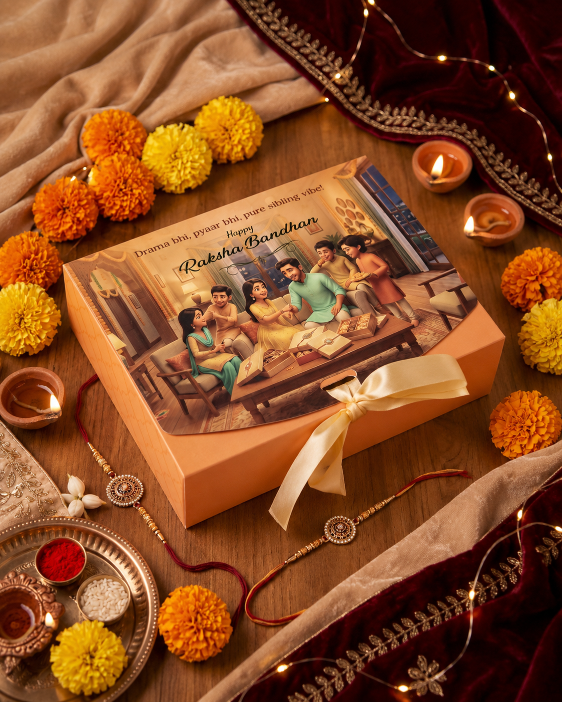Peach Raksha Bandhan 12 Cavity Sweet & Dry Fruit Box with Satin Ribbon | Premium Hamper Gift Box