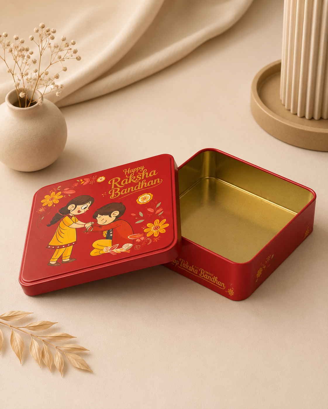 Premium Maroon Raksha Bandhan Gift Tin Box with Lid | Reusable Metal Storage Box | 15 x 15 x 4 cm