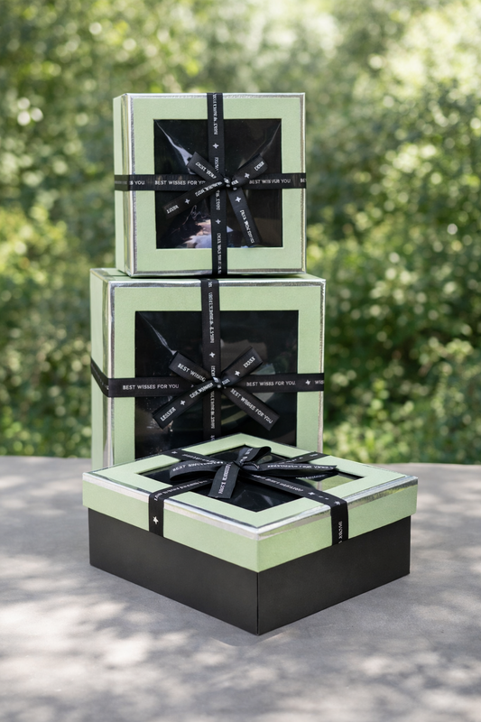 Green & Black Luxury Square Window Gift Boxes Set of 3 – Square Ribbon Hamper Boxes for Gifting & Packaging