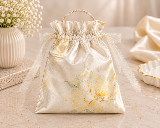 Premium Floral Satin Drawstring Gift Bag – Ivory Yellow | 9 × 6.5 Inches