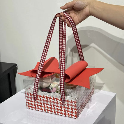 Luxury White & Red Checks Hamper Gift Box with Bow & Ribbon Handle | Square White & Red Checks Hamper Box with Bow