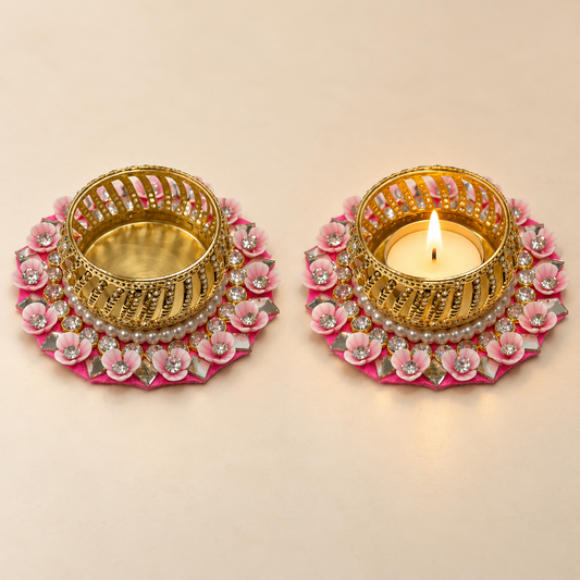 Premium Floral Kundan T-Light / Diya Holder – Pink & Gold