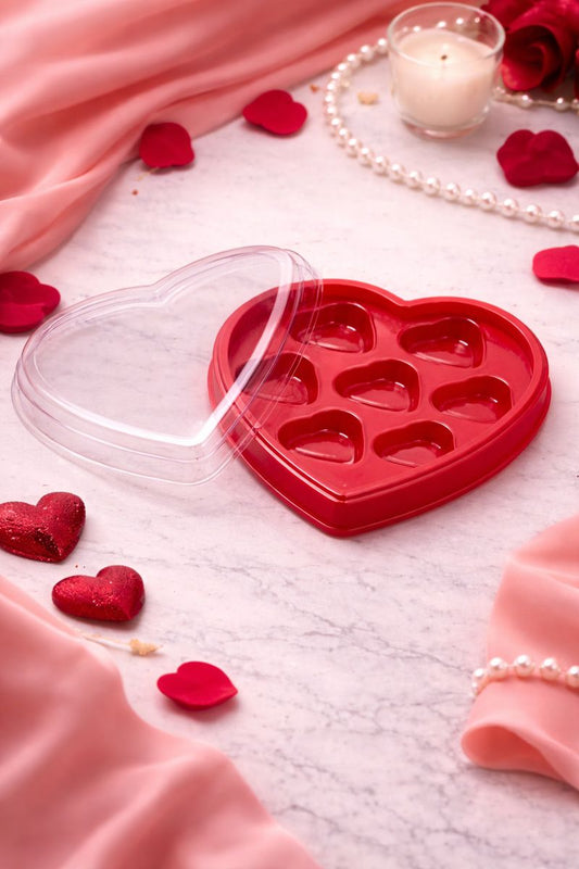 Heart Shaped Chocolate Box with 6 Cavities & Clear Lid – Red