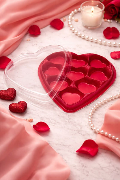 Premium Heart Shaped Chocolate Box with 9 Deep Cavities & Clear Lid – Red