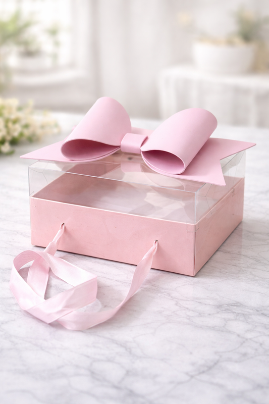 Luxury Pink Transparent Gift Hamper Box with Bow & Ribbon Handle | Sqaure Pink Bow Box 21 × 21 × 10 cms