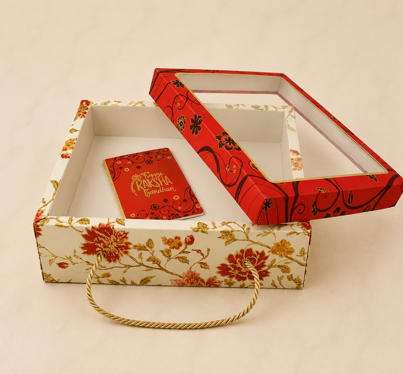 Luxury Floral Festive Gift Box with Handle – Transparent Lid | Rakhi Hamper Box (RED)