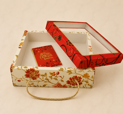 Luxury Floral Festive Gift Box with Handle – Transparent Lid | Rakhi Hamper Box (RED)