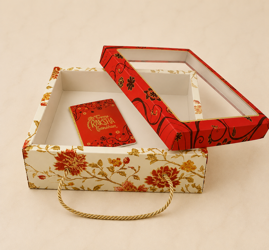 Luxury Floral Festive Gift Box with Handle – Transparent Lid | Rakhi Hamper Box (RED)
