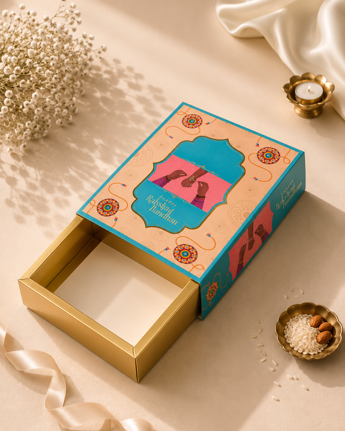 Pink & Blue Premium Foldable Raksha Bandhan Hamper Gift Box with Window Lid | 11 x 8 x 3 Inches | Luxury Sweet, Dry Fruit & Gift Packaging Box