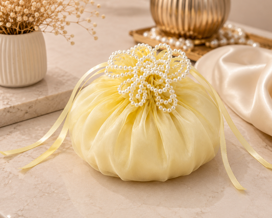 Luxury Pearl Net Potli Bag – Pastel Yellow | Premium Hamper & Gift Packaging