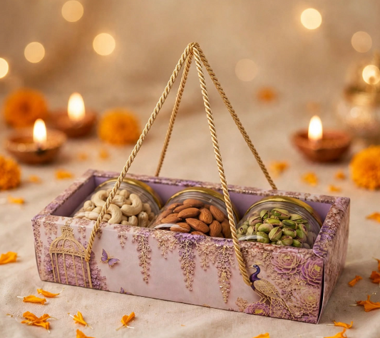 Premium Lilac Peacock 3 Jar Gift Bag with Gold Rope Handles