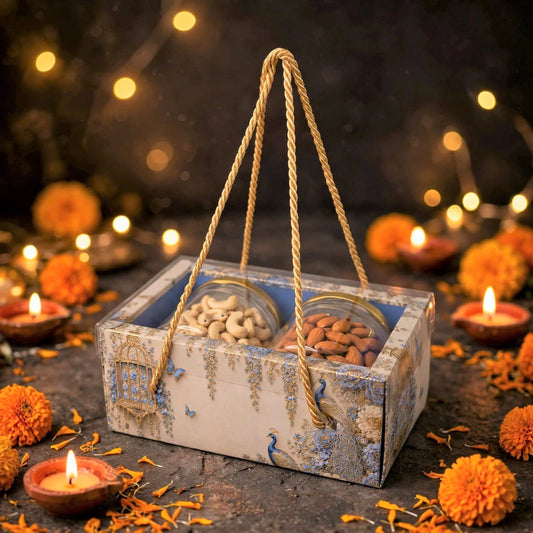 Premium Blue Peacock 2 Jar Gift Bag with Gold Rope Handles
