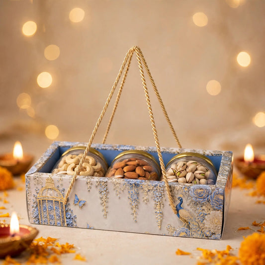 Premium Blue Peacock 3 Jar Gift Bag with Gold Rope Handles