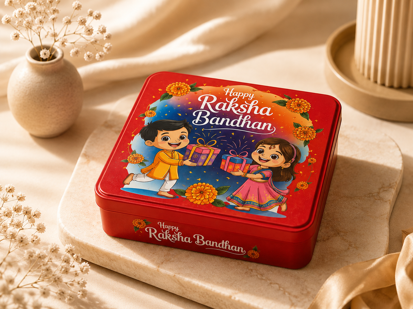 Premium Red Raksha Bandhan Gift Tin Box with Lid | Reusable Metal Storage Box | 15 x 15 x 4 cm