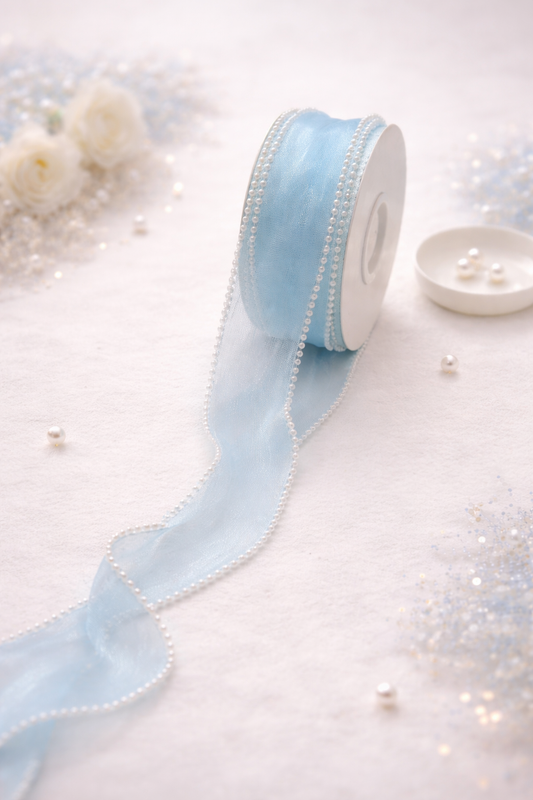 Sky Blue Premium Pearl Edge Organza Ribbon Roll - Luxurious organza ribbon with pearl edging