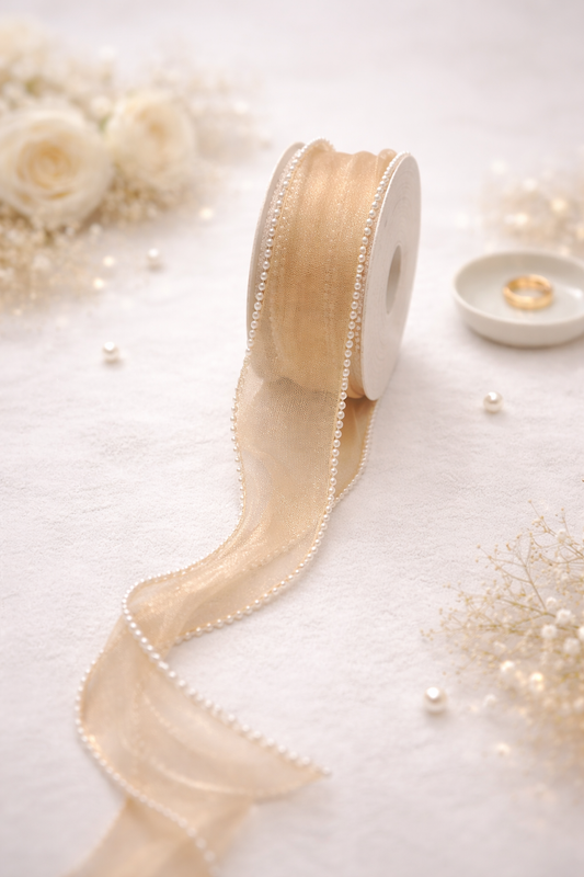 Champagne Golden Premium Pearl Edge Organza Ribbon Roll - Luxurious organza ribbon with pearl edging