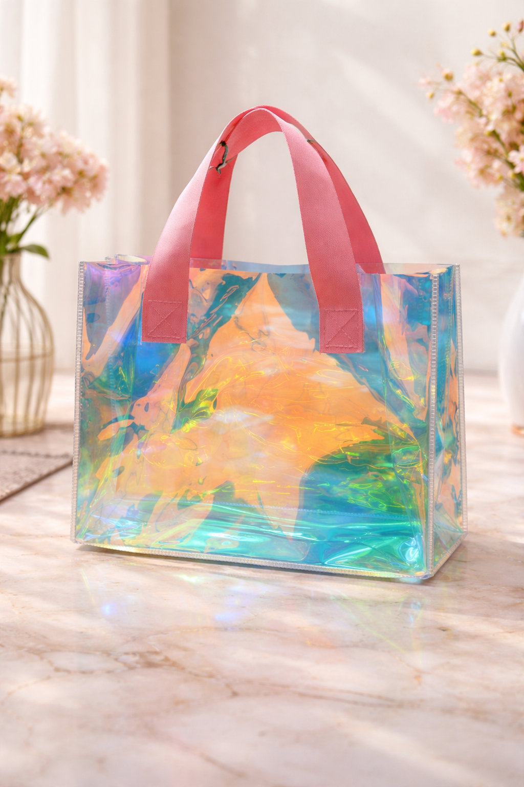 Holographic PVC Hamper Bag with Pink Handles – Luxury Gifting Bag - 25x10x20cms