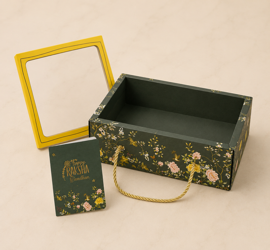 Luxury Floral Festive Gift Box with Handle – Transparent Lid | Rakhi Hamper Box (GREEN)