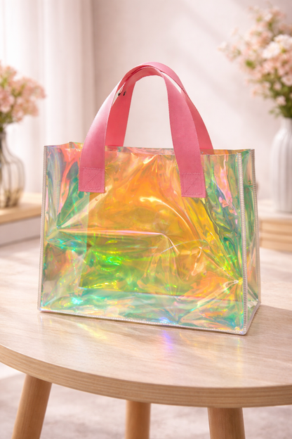 Holographic PVC Hamper Bag with Pink Handles – Luxury Gifting Bag - 25x10x20cms