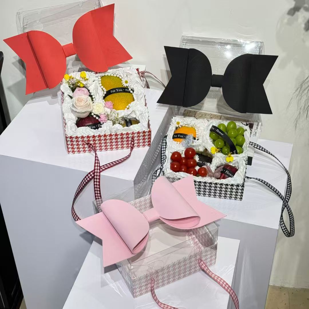 Luxury White & Pink Checks Hamper Gift Box with Bow & Ribbon Handle | Square White & Pink Checks Hamper Box with Bow