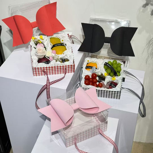 Luxury White & Pink Checks Hamper Gift Box with Bow & Ribbon Handle | Square White & Pink Checks Hamper Box with Bow