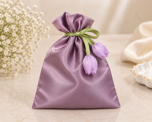 Premium Satin Tulip Potli Gift Bag – Dusty Lavender | 9 × 6.5 Inches