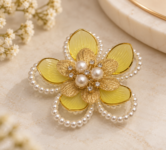 Luxury Yellow Pearl Floral Brooch | Gold Flower Hamper Decoration