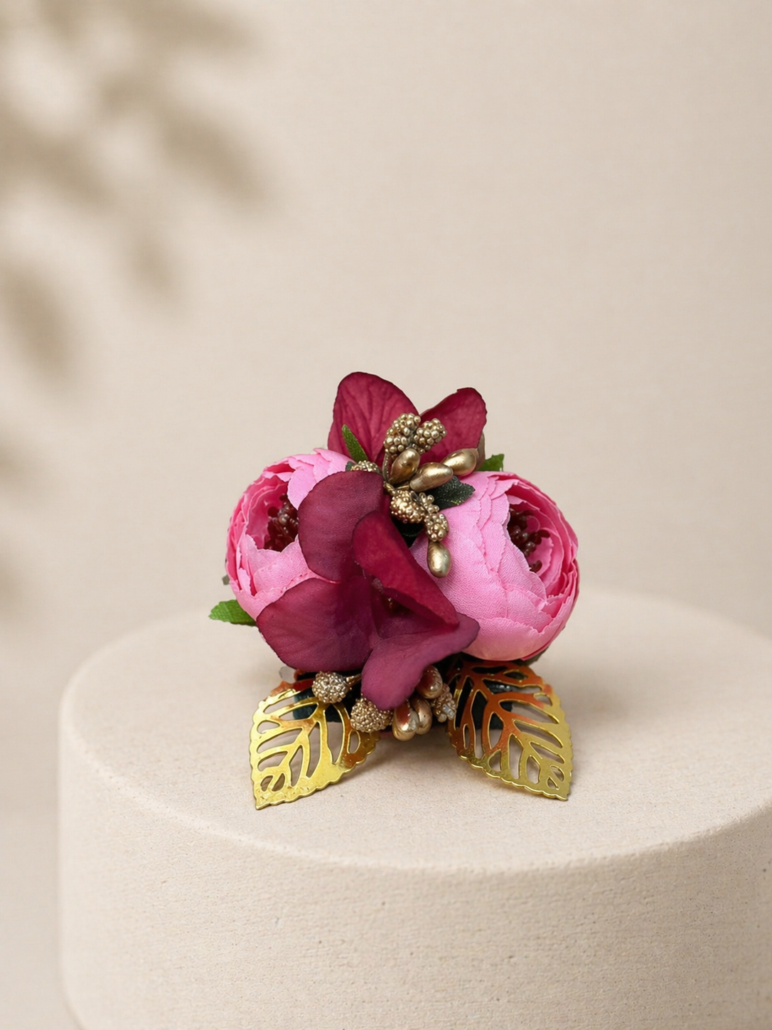 Pink Luxury Artificial Floral Corsage Brooch with Metallic Leaves & Beaded Detailing