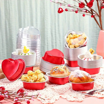 Red Heart-Shaped Aluminum Foil Baking Cups with Lids –Disposable Cake Molds  | HEART FOIL BAKE&SERVE WITH LID